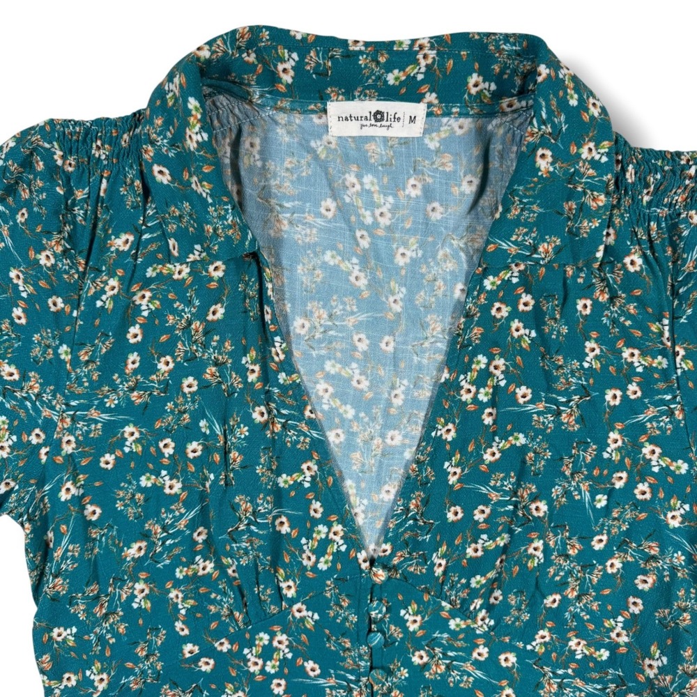 Natural Life Dress Women's Medium Teal Floral Button Front V-Neck Short Sleeve